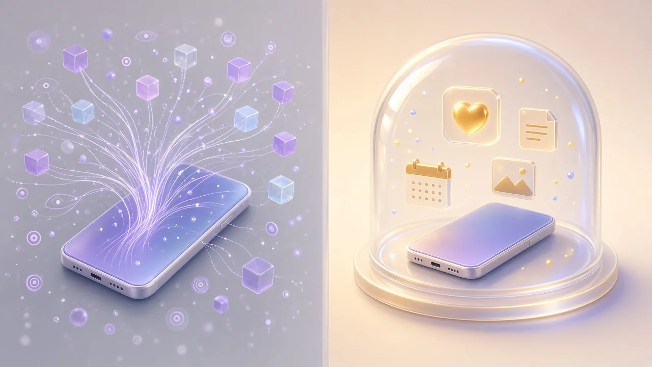 Illustration in two halves: on the left, fine lines of data stream out of a smartphone in every direction. On the right, the same smartphone rests safely under a glass dome, with personal symbols like a heart, a note, a photo and a calendar staying right beside it.