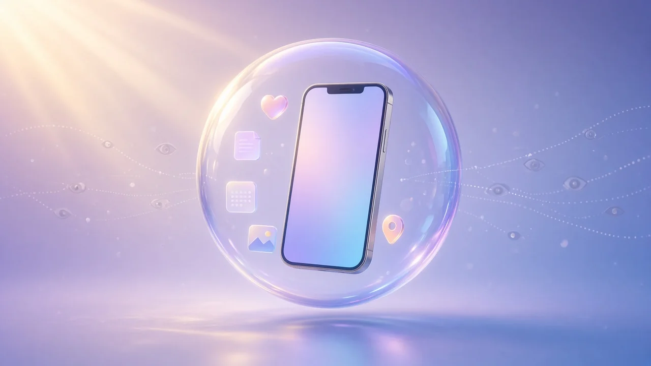 Illustration: a smartphone rests safely inside a shimmering glass sphere. Personal symbols like a heart, a note, a photo, a calendar and a location pin stay close to it, while fine lines of data fade away outside.